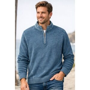 Carbon2Cobalt Men Sweater L Pullover Blue Quarter Zip Mock Neck Ribbed‎ Cotton